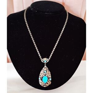 1930s Vintage Filigree Pendant Necklace with Turquoise Glass Cabochons